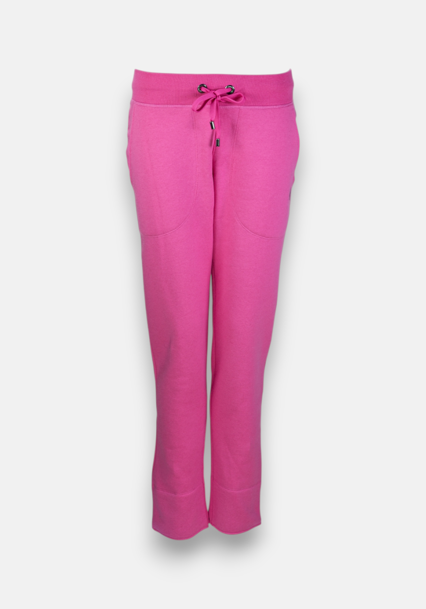 Die Jogginghose von Princess Goes Hollywood in leuchtendem Pink ist aus Baumwolle, hat einen Regular Fit, elastischen Bund mit Kordelzug und Metallenden, gerade Beinform sowie zwei Fronttaschen und ist vor weißem Hintergrund zu sehen.