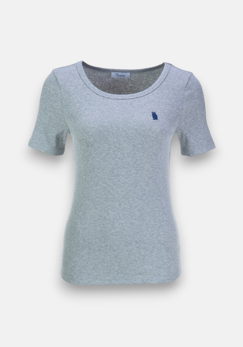 A light gray, slim-fit women’s cotton T-shirt from Princess Goes Hollywood features short sleeves, a round neckline, and a small dark blue embroidered logo on the left chest. The plain white background highlights the garment.