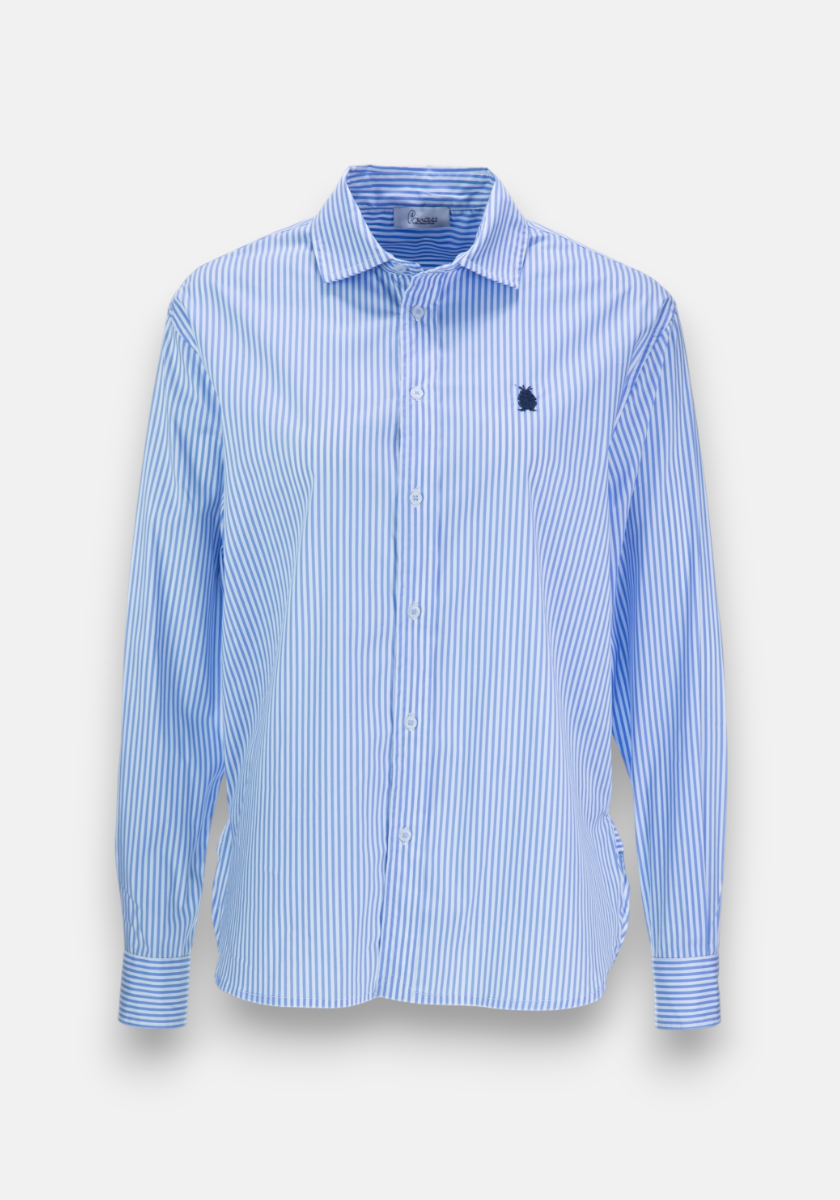 A light blue and white vertically striped Baumwollhemd by Princess Goes Hollywood, featuring long sleeves, Polokragen, buttoned cuffs, and a small navy blue embroidered logo on the left chest, displayed on a white background.