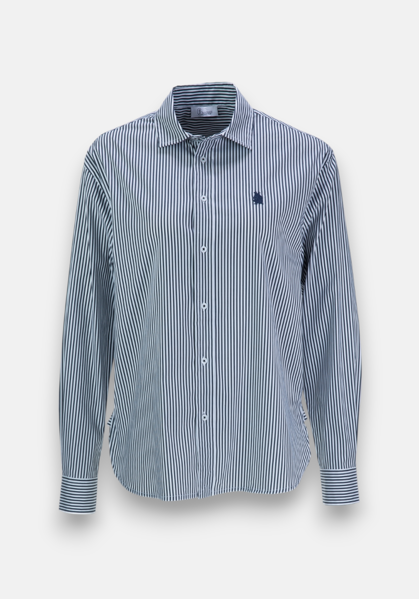 A long-sleeved, button-up striped cotton shirt by Princess Goes Hollywood in vertical navy and white stripes. This regular fit features a polo collar, buttoned cuffs, and an embroidered navy animal logo on the left chest.