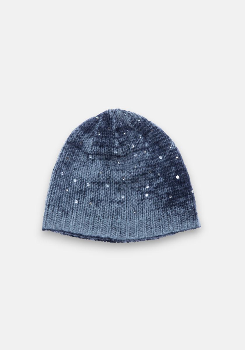 A Princess Goes Hollywood Merino-Cashmere knit beanie in gradient blue, adorned with scattered white rhinestones like stars, set against a plain white background.