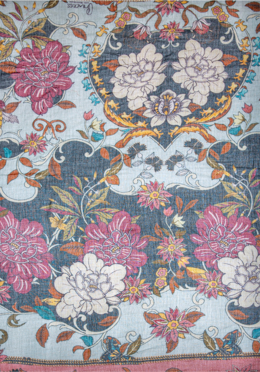 Princess Goes Hollywood presents a decorative square scarf with a retro floral print of large pink, white, and cream flowers, green and brown leaves, swirling vines on light blue—a vintage tapestry look in a cotton-wool blend.