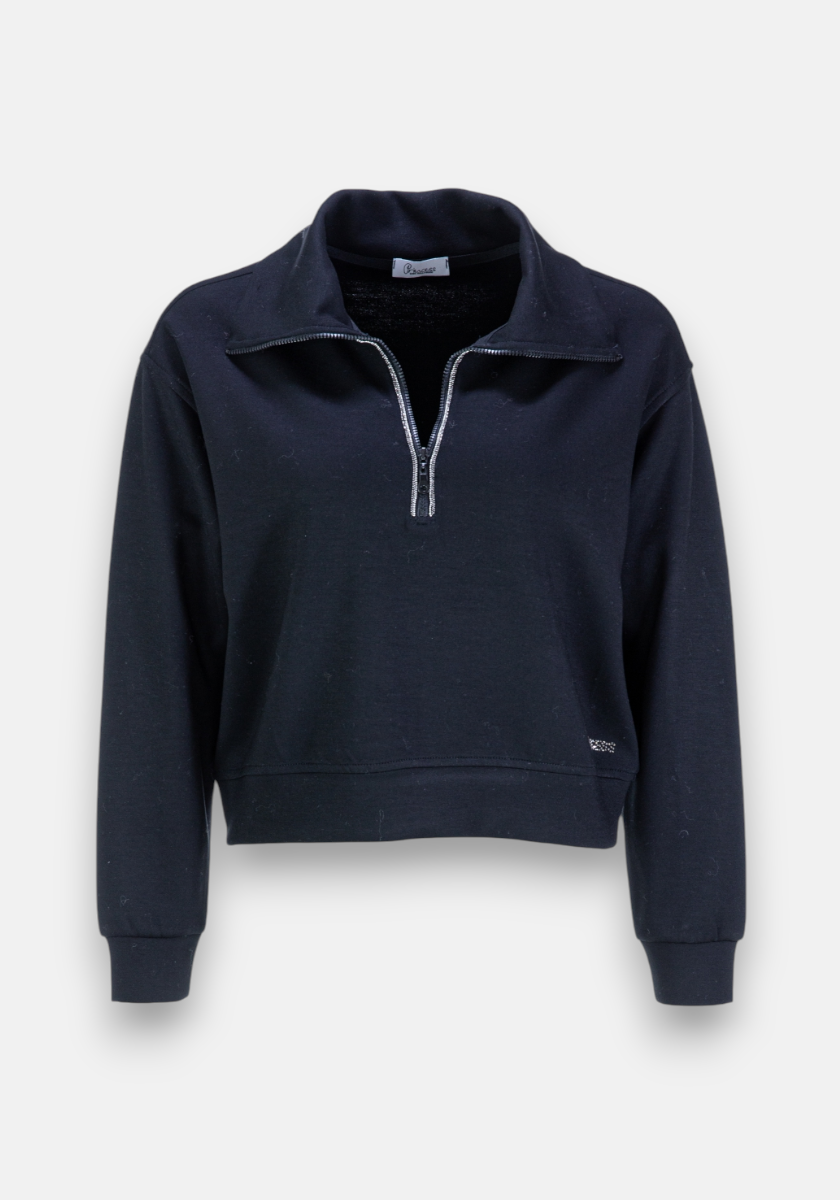 A black, long-sleeve Sweatpullover by Princess Goes Hollywood with a wide Reverskragen, half-zip front, ribbed cuffs and waistband, slightly cropped hem, soft fabric for comfort, and a small logo on the lower left hem.