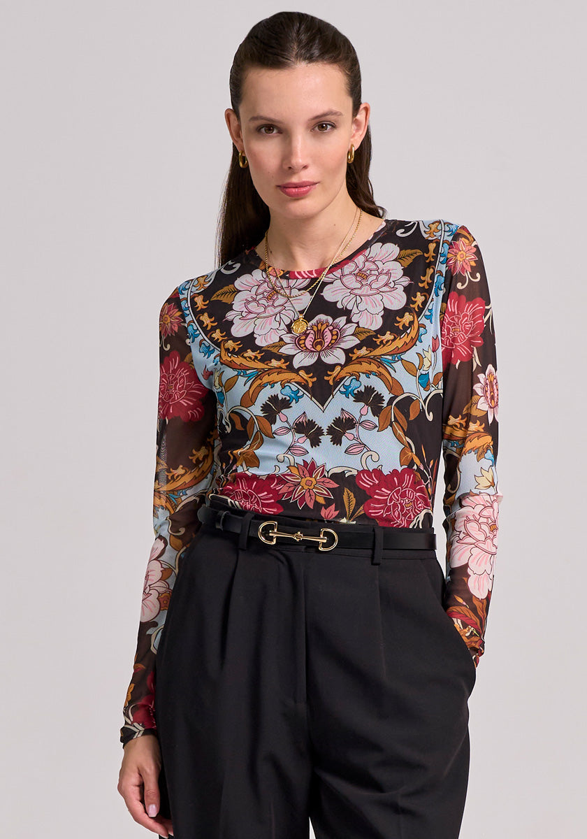 Chemise à manches longues en maille à fleurs rétro