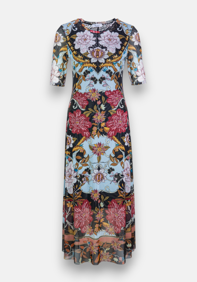 Long mesh short-sleeved dress retro flowers