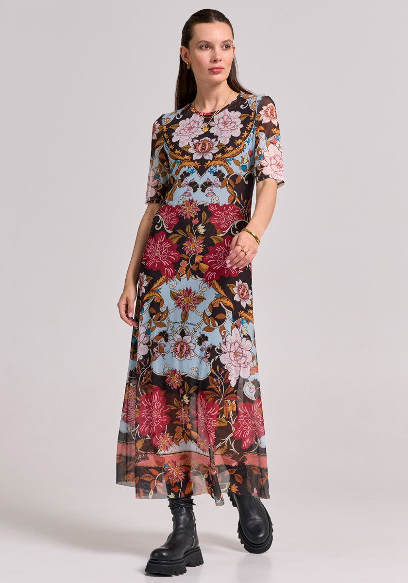 Long mesh short-sleeved dress retro flowers