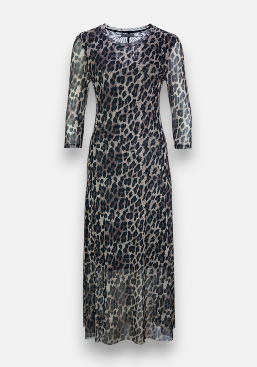 Princess Goes Hollywood presents a long, sheer mesh dress with three-quarter sleeves, an all-over brown and black Glam-Leo print, round neckline, and fitted silhouette in lightweight, semi-transparent fabric.