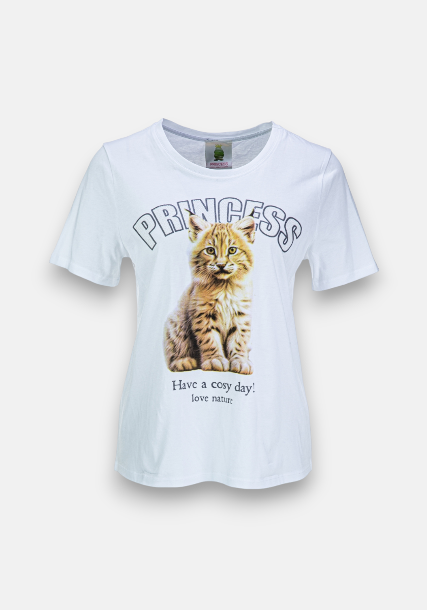 Dieses weiße Baumwoll-T-Shirt von Princess Goes Hollywood zeigt ein orangefarbenes Kätzchen, darüber den Schriftzug PRINCESS und darunter Have a cosy day! love nature.