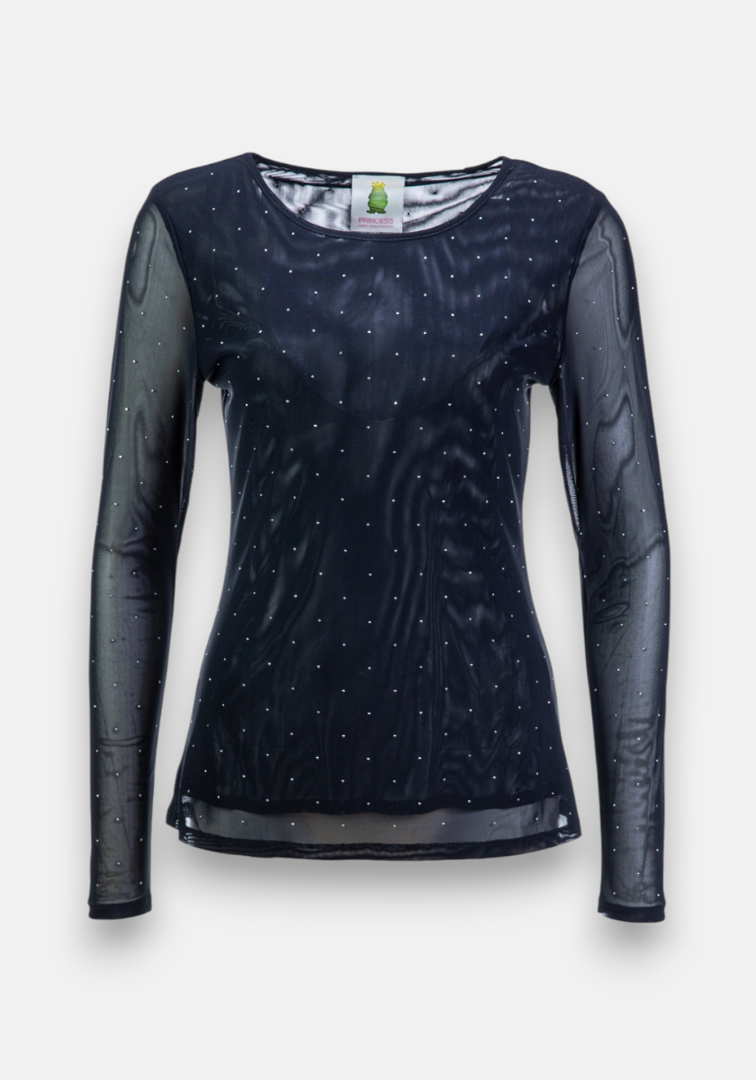 A black mesh shirt by Princess Goes Hollywood with transparent sleeves and a round neckline. The sheer fabric is embellished with small white dots, shown front view on a white background.
