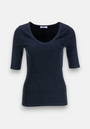 A fitted dark navy blue Baumwoll-Shirt by Princess Goes Hollywood with a V-neck and elbow-length sleeves, featuring a scattered pattern of subtle white or silver specks. Displayed on a plain light gray background.