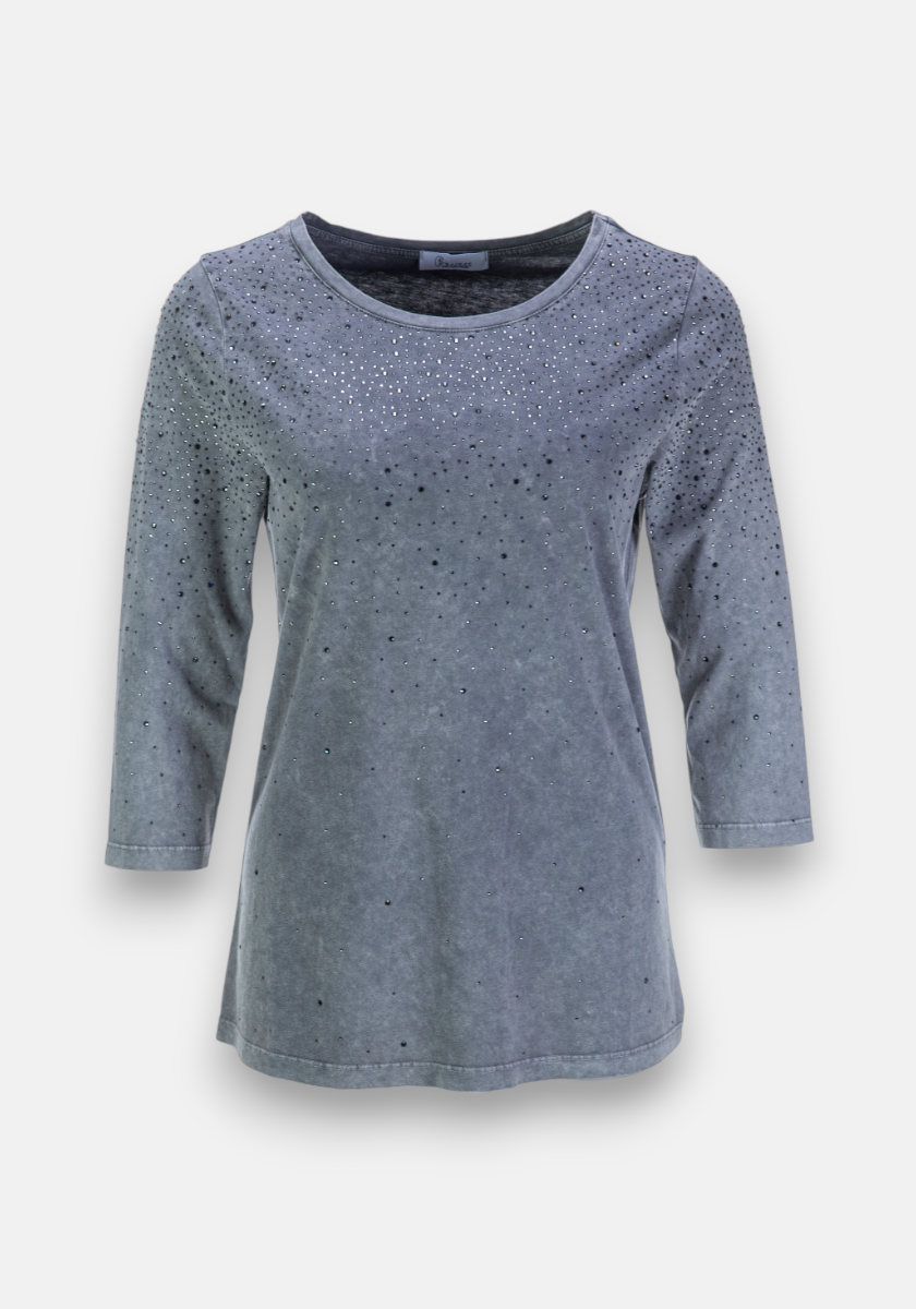 Princess Goes Hollywood women's gray long-sleeve shirt with round neck features silver studs on front and sleeves for subtle sparkle. Made from soft cotton with a slightly faded look. Plain white background.