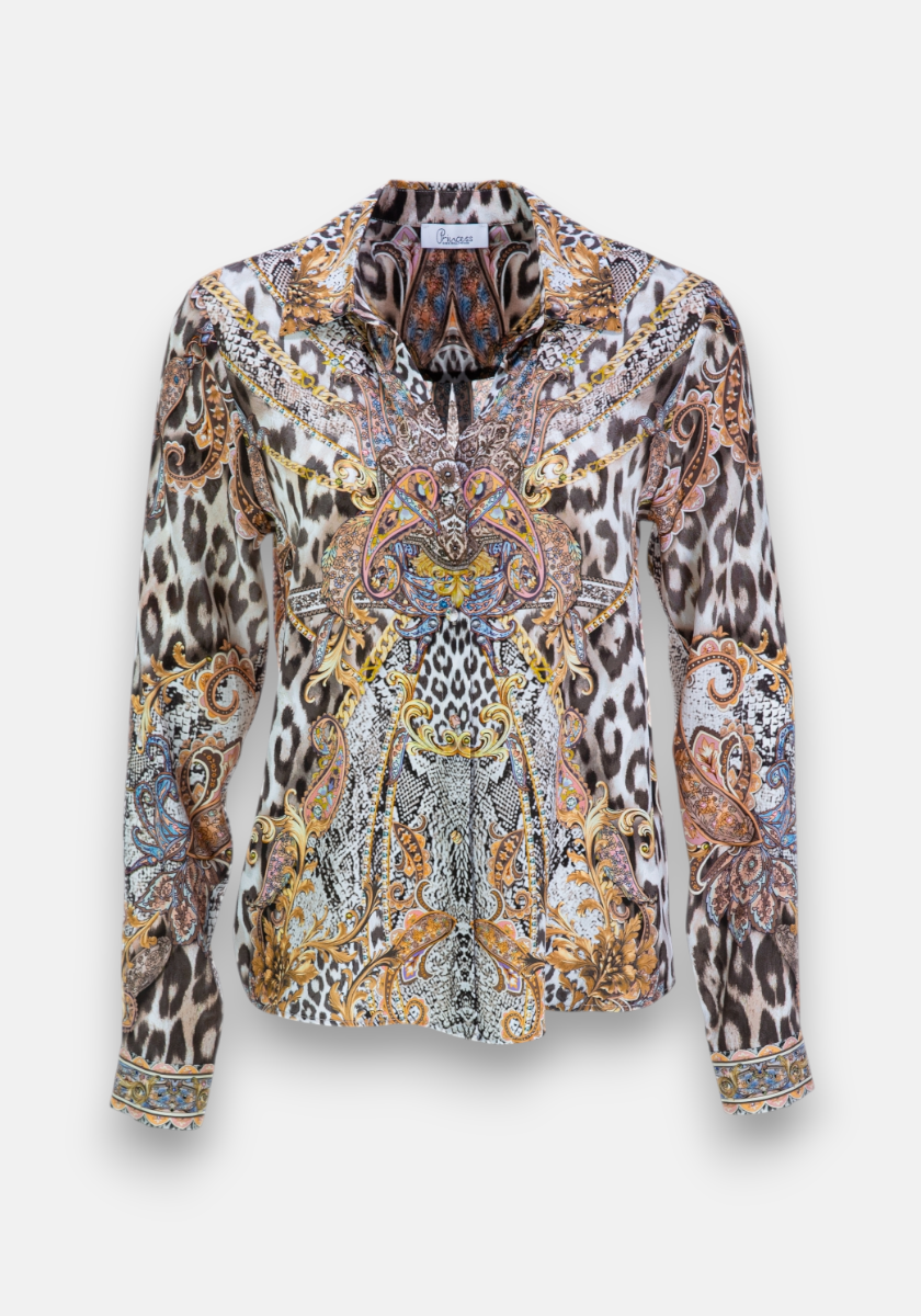A long-sleeved Seidenbluse by Princess Goes Hollywood, showcasing colorful paisley, Snake-Leo-Print, and gold motifs. Features a collar and cuffs with detailed designs in brown, gold, black, and white tones.