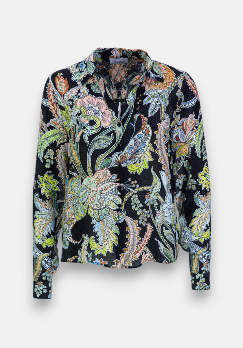 Princess Goes Hollywood presents a long-sleeved Damenbluse with a collar, adorned all over in a vibrant Paisley-Print of pastel green, blue, peach, and yellow on black for a bold and striking look.