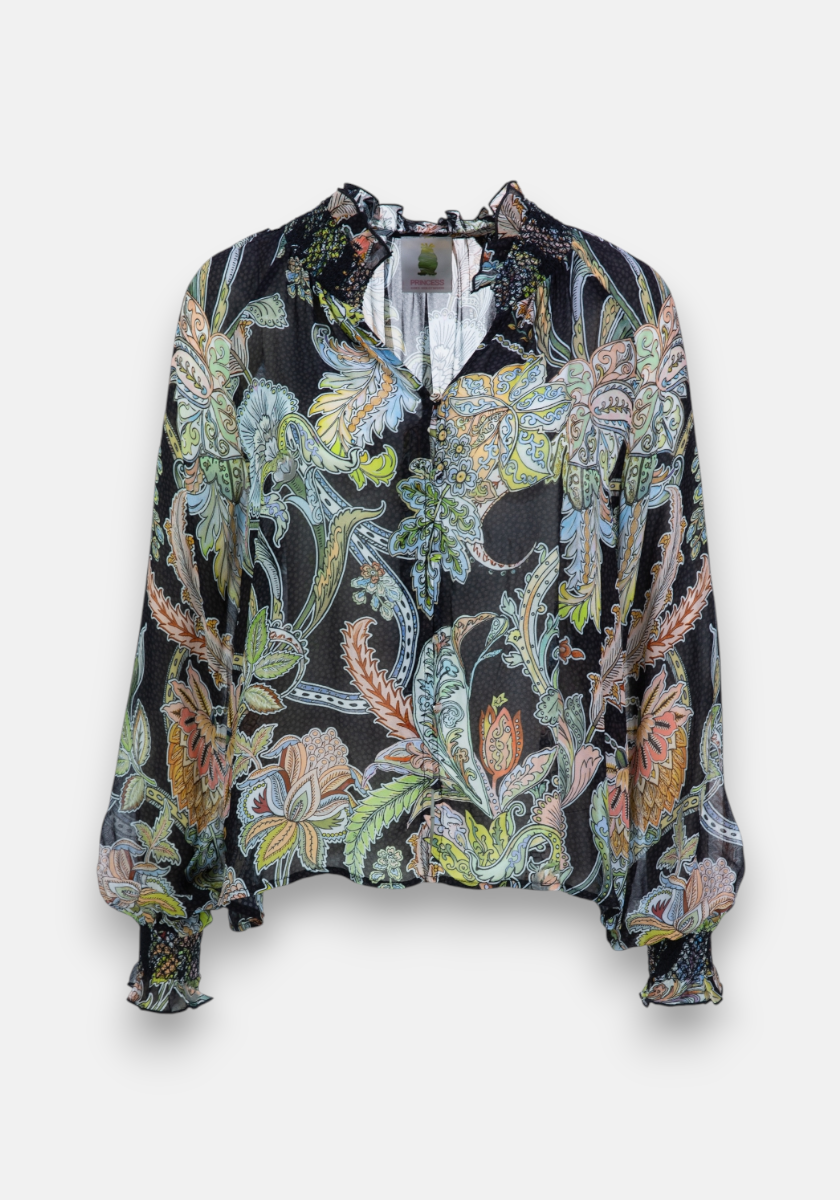 Bluse black Paisley mit Rüschen