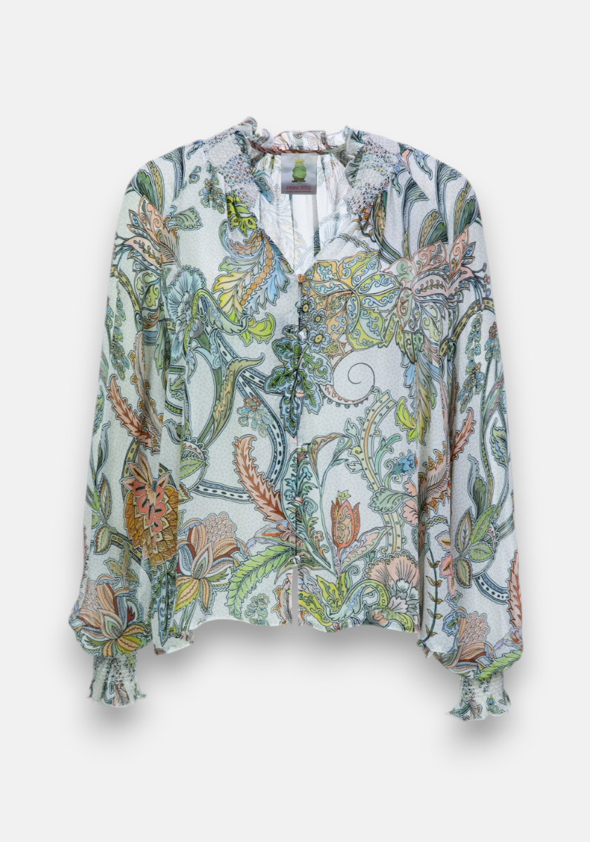 A long-sleeved blouse by Princess Goes Hollywood with balloon sleeves, a smocked stand-up collar, and a vibrant floral and leaf print in green, blue, orange, and beige. The lightweight fabric is slightly sheer for an airy feel.