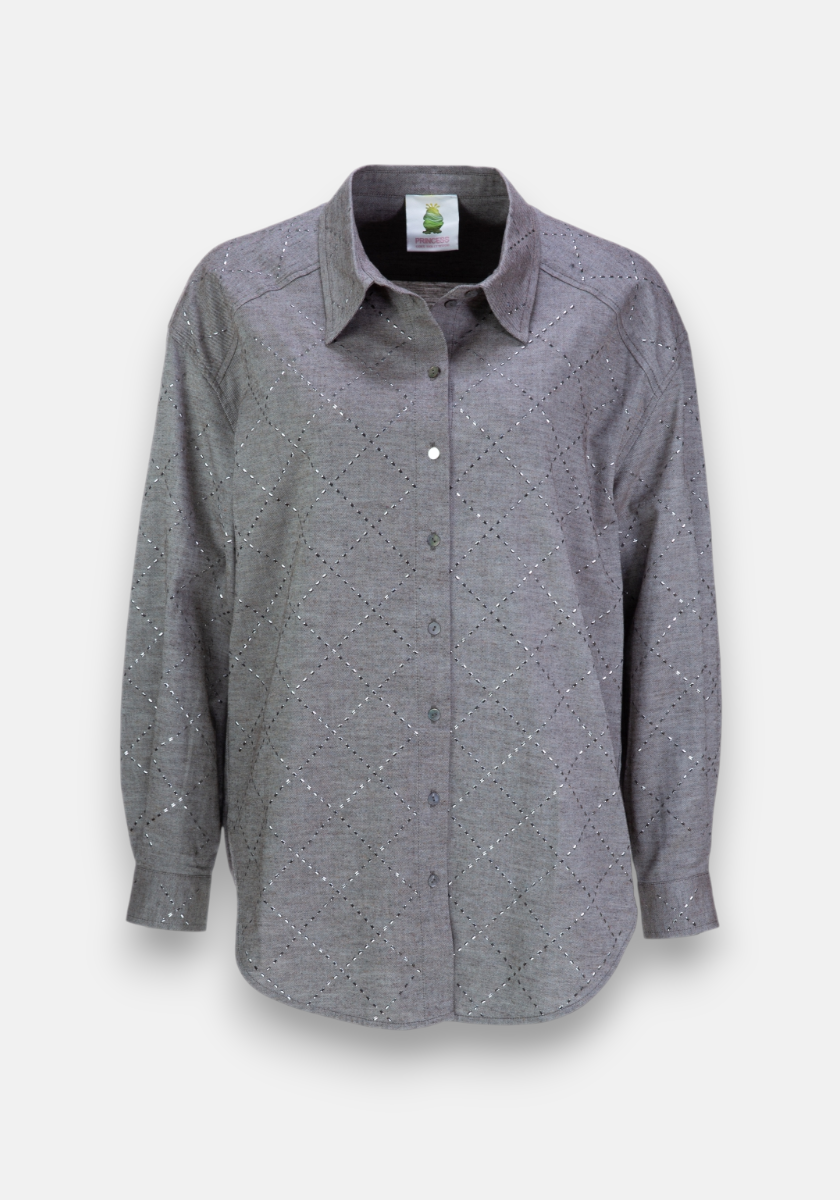A long-sleeved, gray Hemdbluse by Princess Goes Hollywood in lightweight Baumwolle with a pointed collar, diamond-shaped dotted pattern, button-up front, buttoned cuffs, and a relaxed fit for comfort.