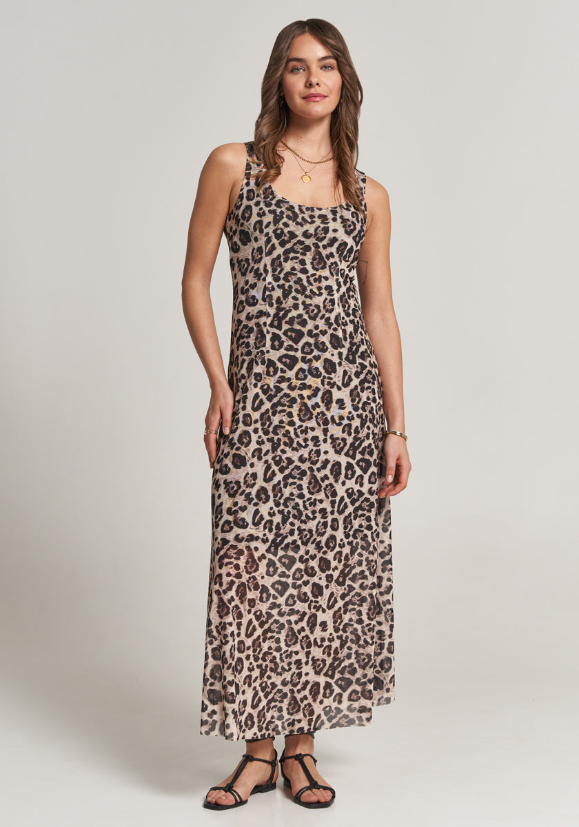 Langes Mesh-Trägerkleid Leopard