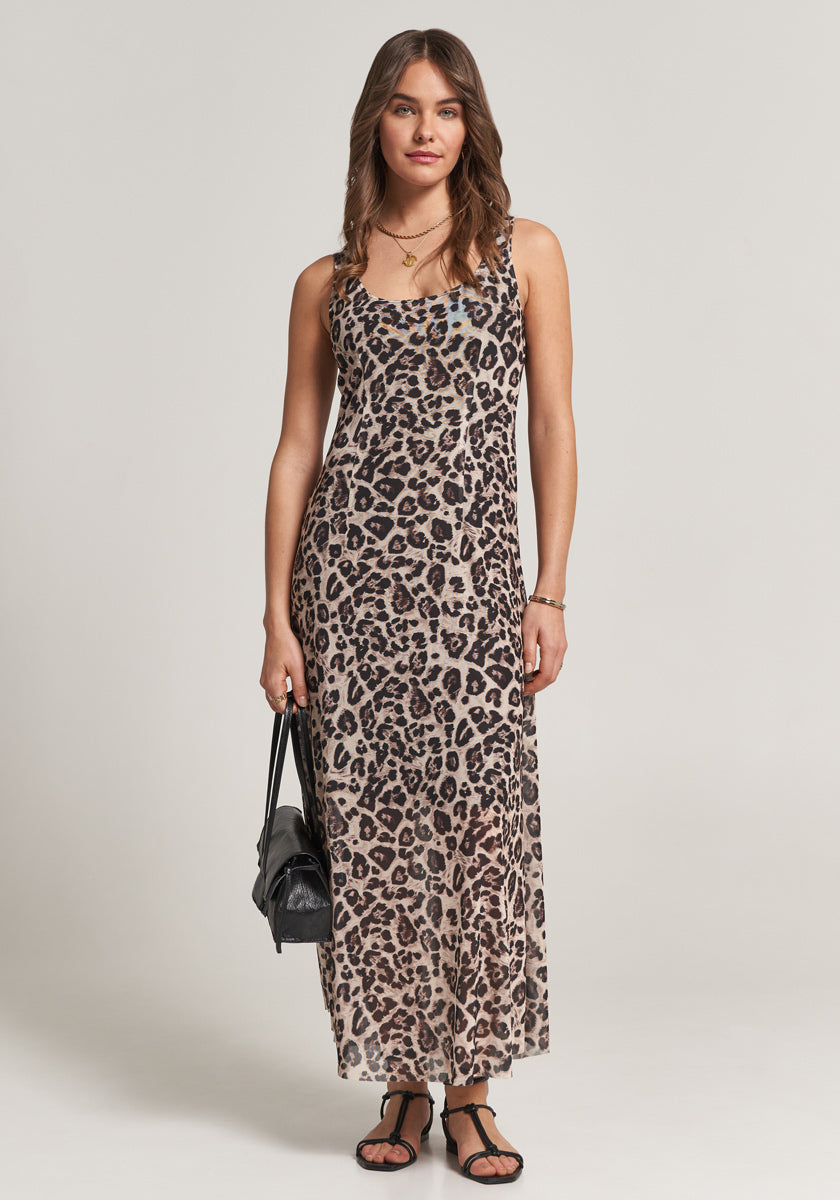 Langes Mesh-Trägerkleid Leopard
