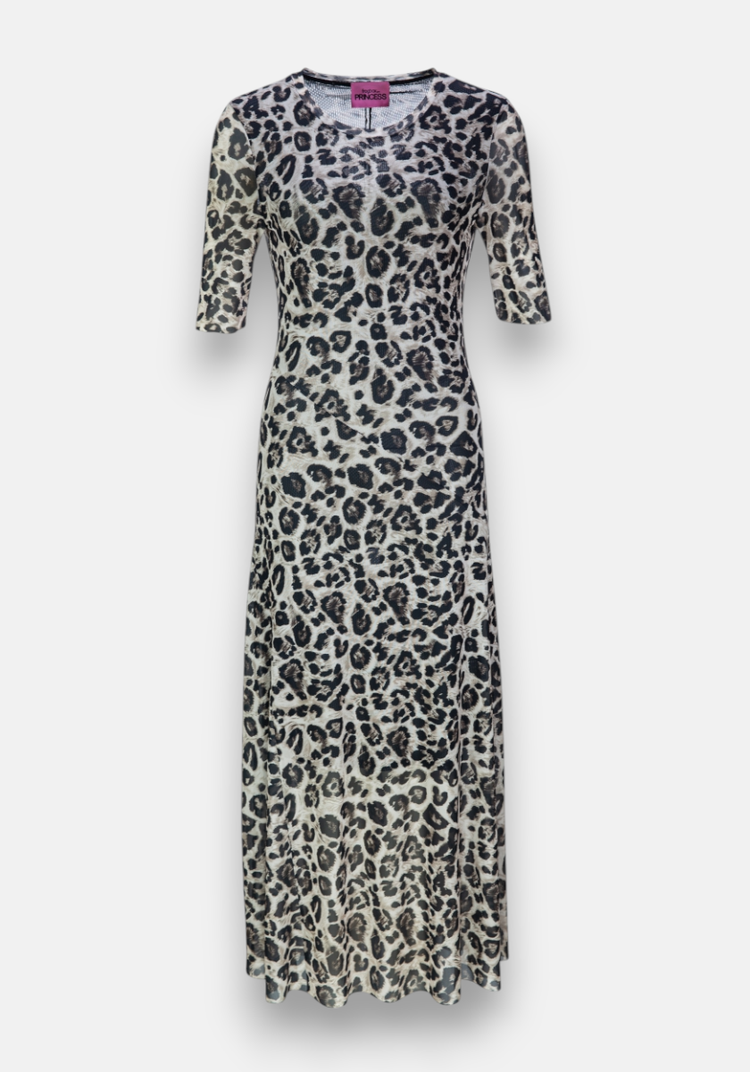 Langes Mesh-Kurzarmkleid Leopard