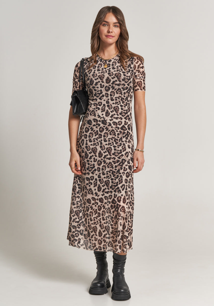 Langes Mesh-Kurzarmkleid Leopard