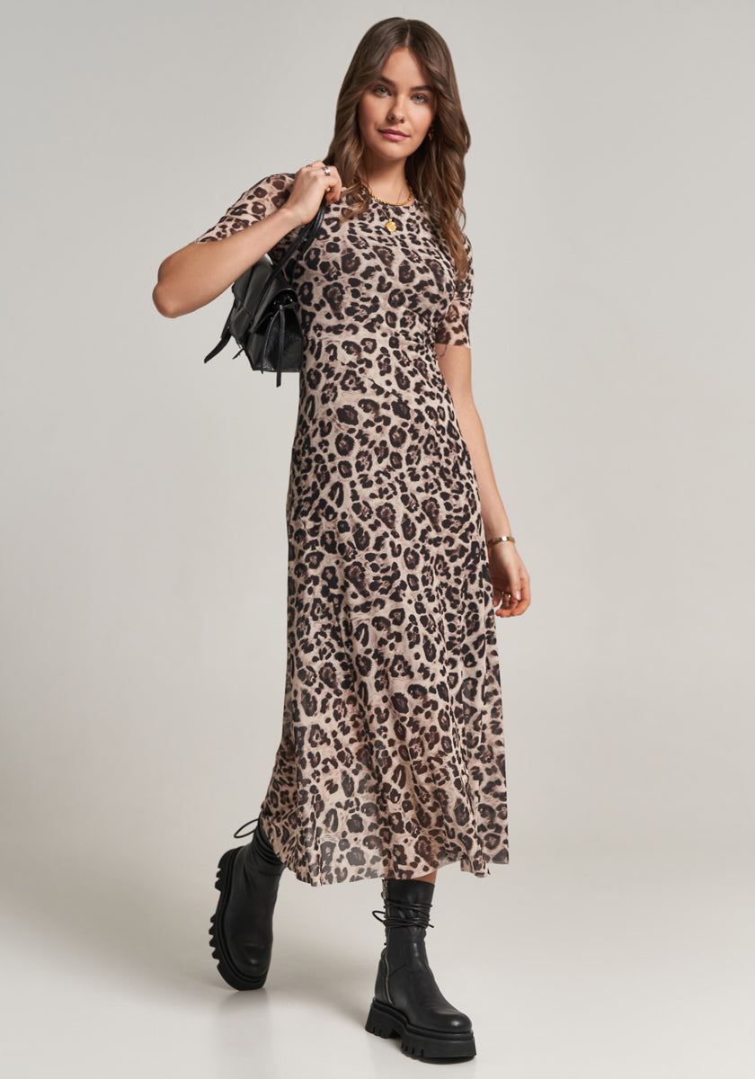 Langes Mesh-Kurzarmkleid Leopard