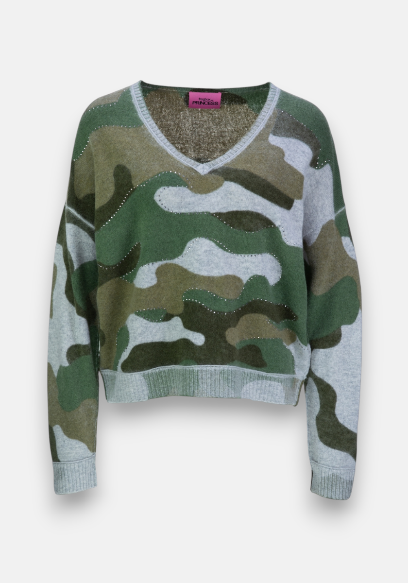 A Frogbox by Princess long-sleeve, V-neck cropped Merino sweater in green, brown, and gray camouflage print features scattered rhinestones on the front and a visible pink tag at the neckline.