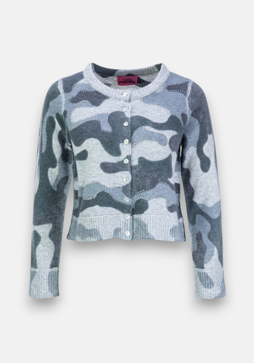 The Frogbox by Princess long-sleeve button-up camouflage Strickjacke features ribbed cuffs and hem, a round neckline, decorative pearl-like buttons, and small rhinestones outlining some camo shapes for subtle sparkle.