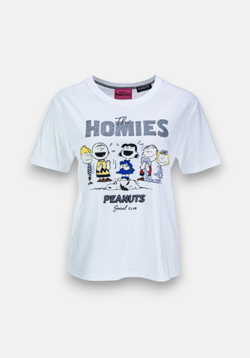 A white reine Baumwolle T-Shirt from Frogbox by Princess featuring a playful “The Homies” Peanuts print with Charlie Brown, Snoopy, Linus, Lucy, and Sally above “Peanuts Social Club,” shirt shown laid flat on a plain background.