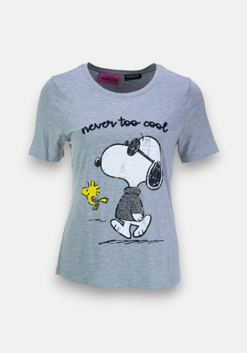 The Frogbox by Princess light gray T-shirt features a black-and-white Snoopy and Woodstock print with “never too cool” in handwritten text above them, a Rundhalsausschnitt, and a casual fit.