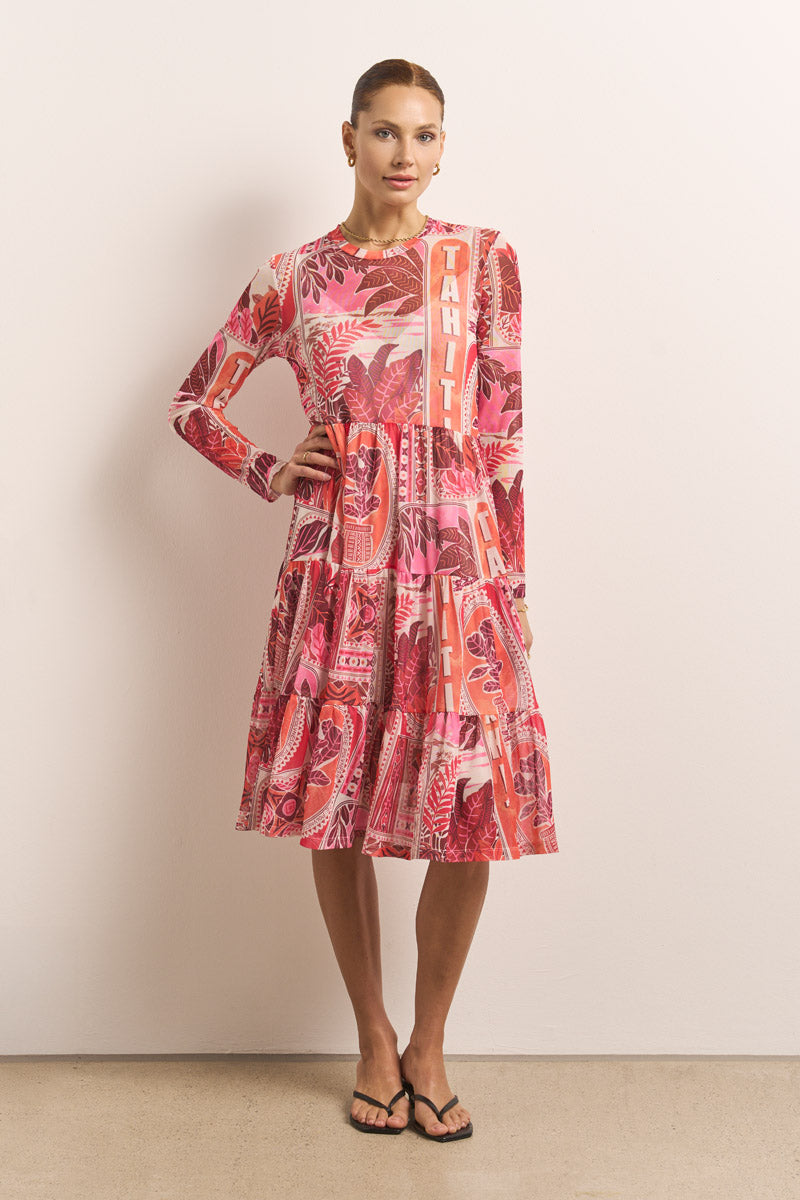 Tahiti Long-Sleeve Mesh Midi Dress