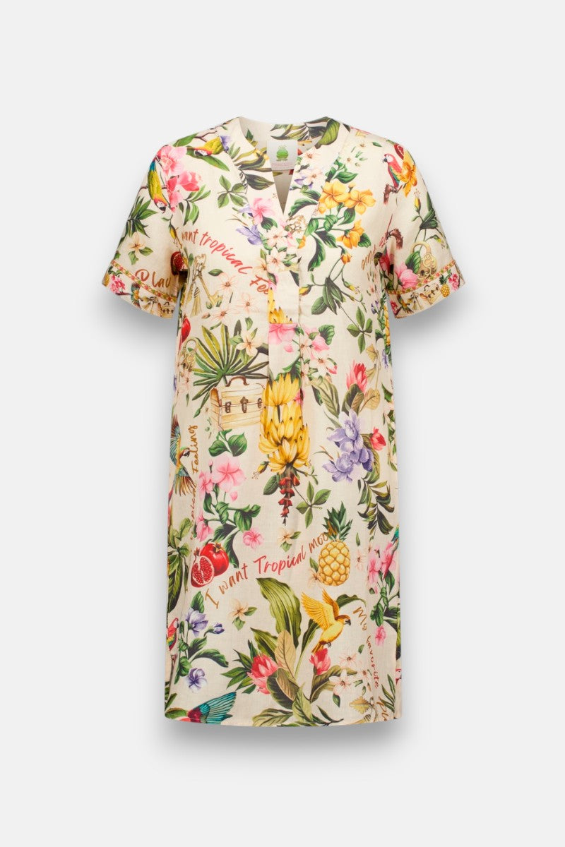 Short-sleeved linen dress with tropical print tropical / 44