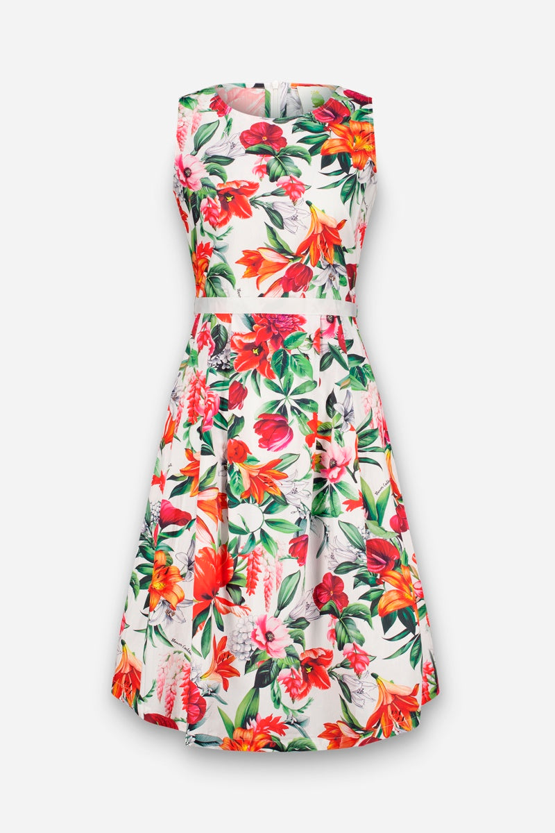 White sleeveless midi dress with red flowers rote Blumen / 42