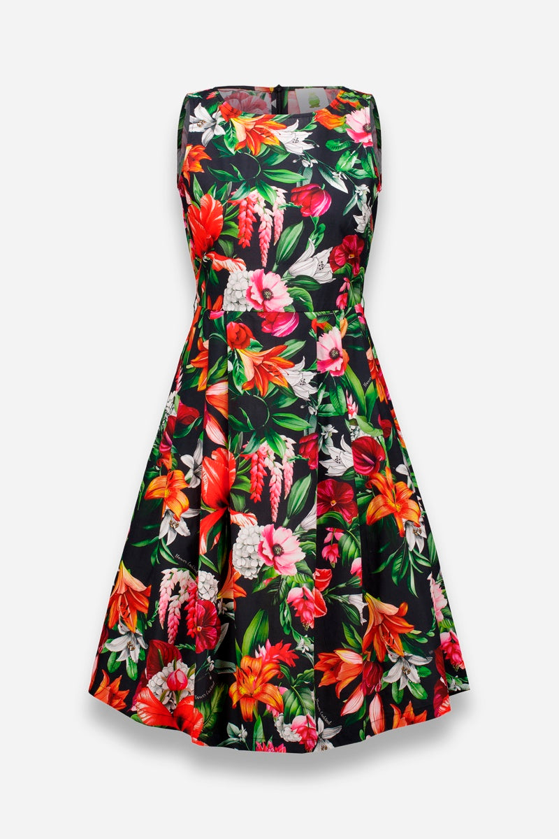Black Sleeveless Midi Dress with Red Flowers