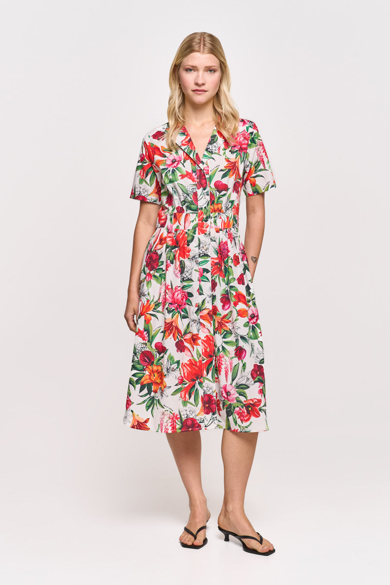 flared midi shirt dress Midi Shirt Dress with Red Flowers Red Flowers / 38