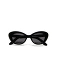 A pair of black cat-eye Parigi sunglasses by Okkia, featuring thick, glossy frames and dark tinted lenses, is displayed facing forward against a plain white background with partially visible outward-angled arms.