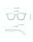 Line drawing of Okkia eyeglasses—perfect as children’s sunglasses made from flexible TPEE. Dimensions: front width 114/127mm, lens width 18.2/20mm, height 37.3/36mm, temple 113/126mm, bridge 37.5/41mm; includes side and front views.