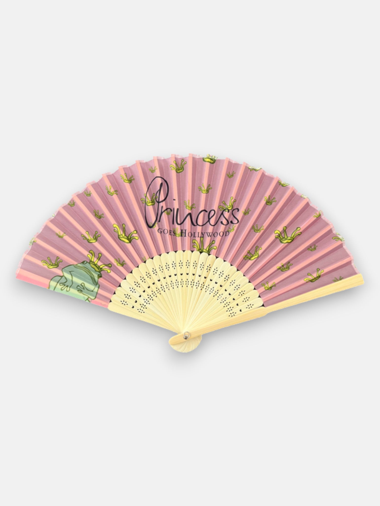 The Handfächer Princess by Princess Goes Hollywood features light wooden ribs, a pink paper leaf with green frogs in yellow crowns, Princess and GOSH, HOW I WISH script, making it a stylish statement on a plain white background.