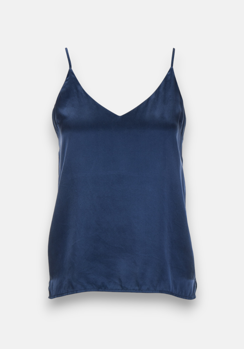 A dark blue, sleeveless satin camisole top by Princess Goes Hollywood with thin spaghetti straps and a V-neckline, shown on a plain white background. The smooth, shiny fabric gives it a sleek, elegant look.