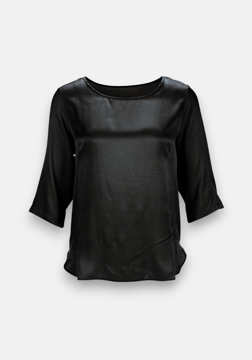 A black satin blouse by Princess Goes Hollywood with 3/4 sleeves, a round neckline, and a relaxed fit. Crafted from smooth viscose with a shiny finish, it’s shown on a plain light grey background without embellishments or visible fastenings.