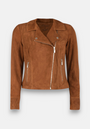 A brown suede biker jacket by Princess Goes Hollywood featuring a notched collar, asymmetrical front zip, long sleeves, two vertical zippered pockets, and a fitted silhouette, shown against a plain white background.