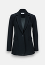 A black blazer by Princess Goes Hollywood with a slim fit, notched lapel, single-button closure, long sleeves, and two front flap pockets. Made from stretch woven fabric and shown on a plain white background.