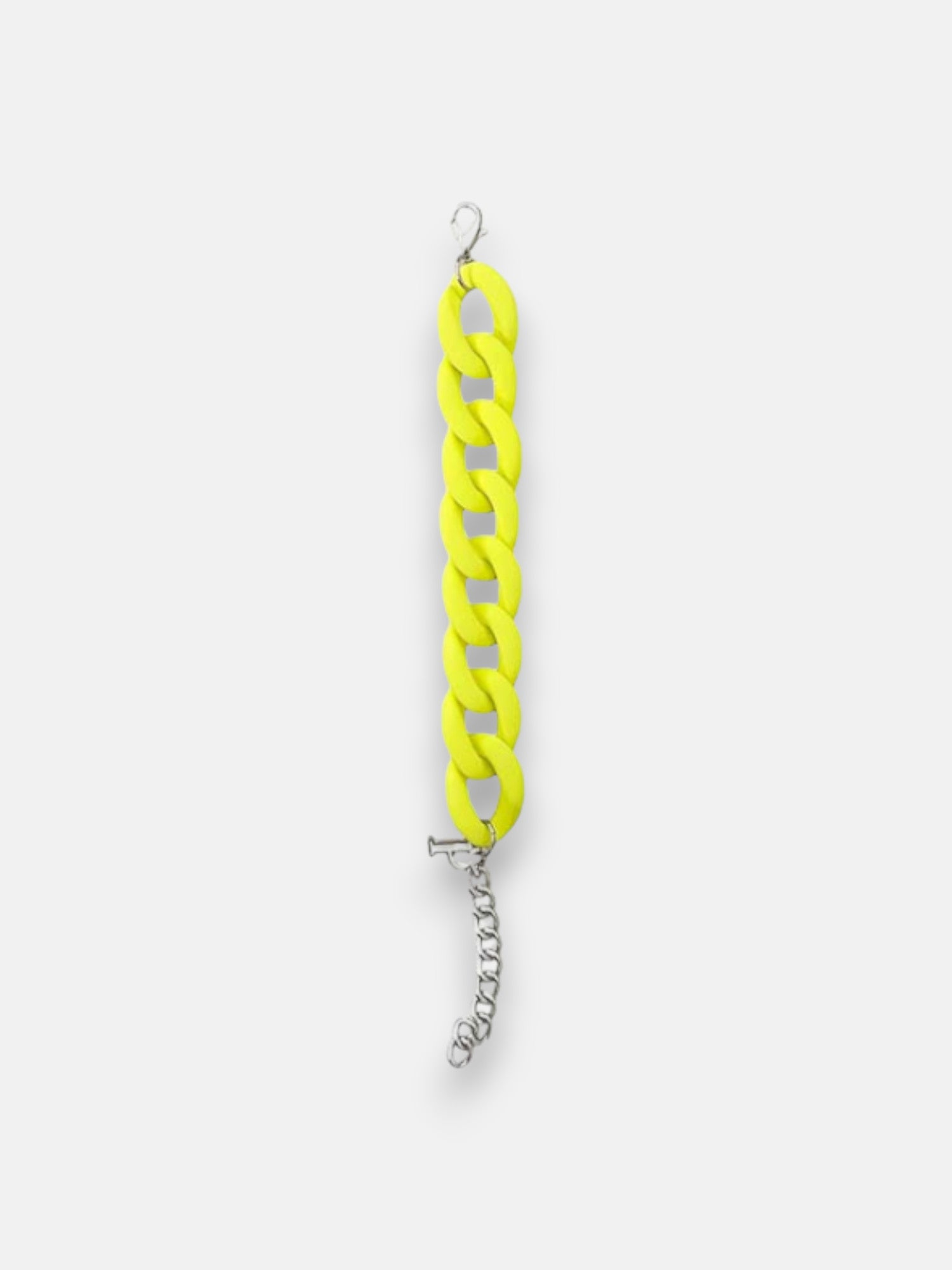 A chunky Princess Goes Hollywood bracelet with large, oval neon yellow links in recycled plastic and a silver chain and clasp, laid flat on white. Bold yellow links stand out while the silver chain secures the piece.