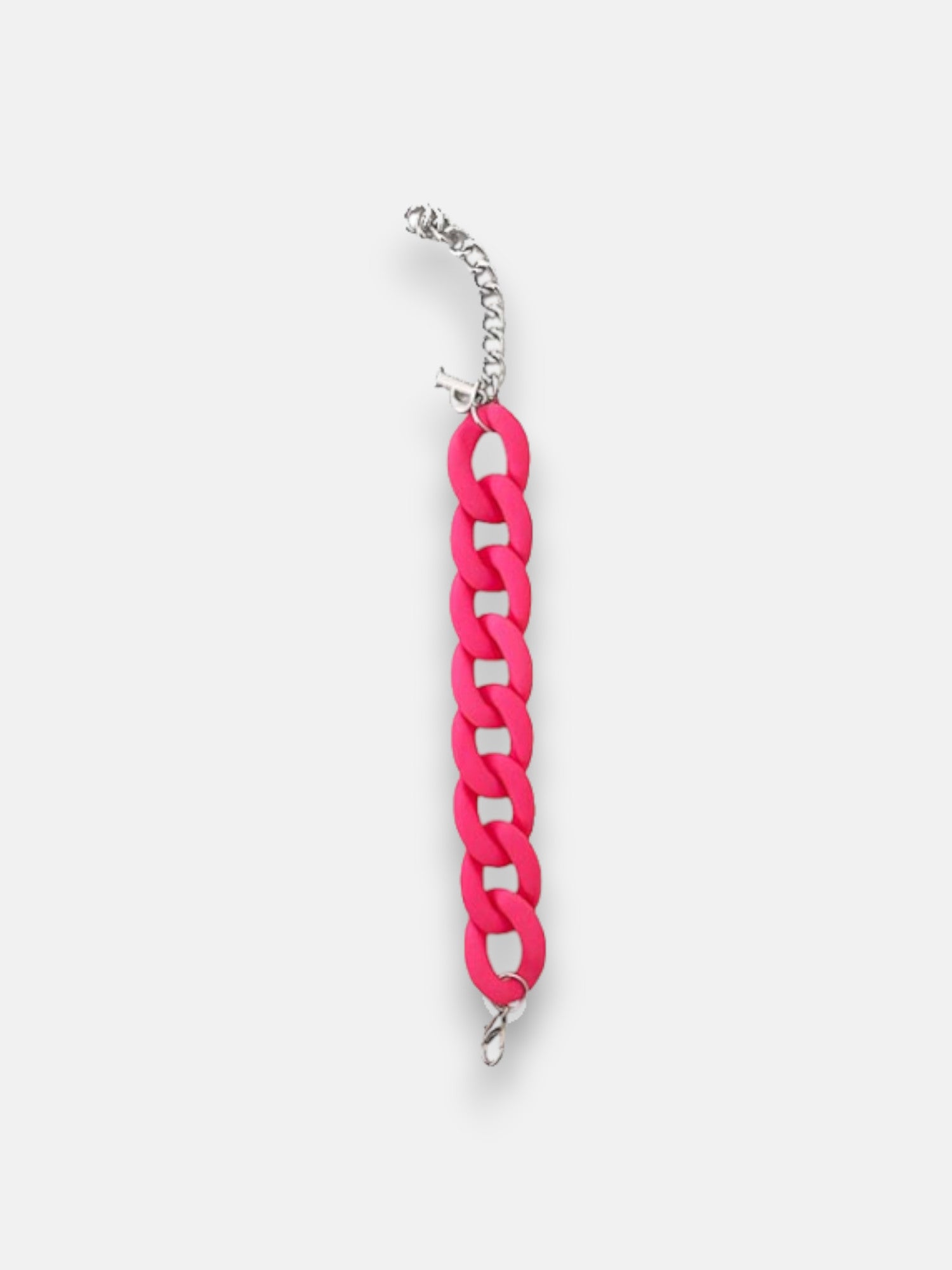 A chunky bracelet by Princess Goes Hollywood features six large, bright pink links made of recycled plastic, joined to a slender silver chain and clasp. It is displayed flat on a light gray background.
