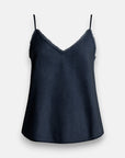 Bella Dahl black camisole top with thin spaghetti straps and a lace-trimmed V-neckline. Crafted from smooth, slightly shiny Lyocell fabric, it offers a relaxed fit. The product is shown against a plain light gray background.
