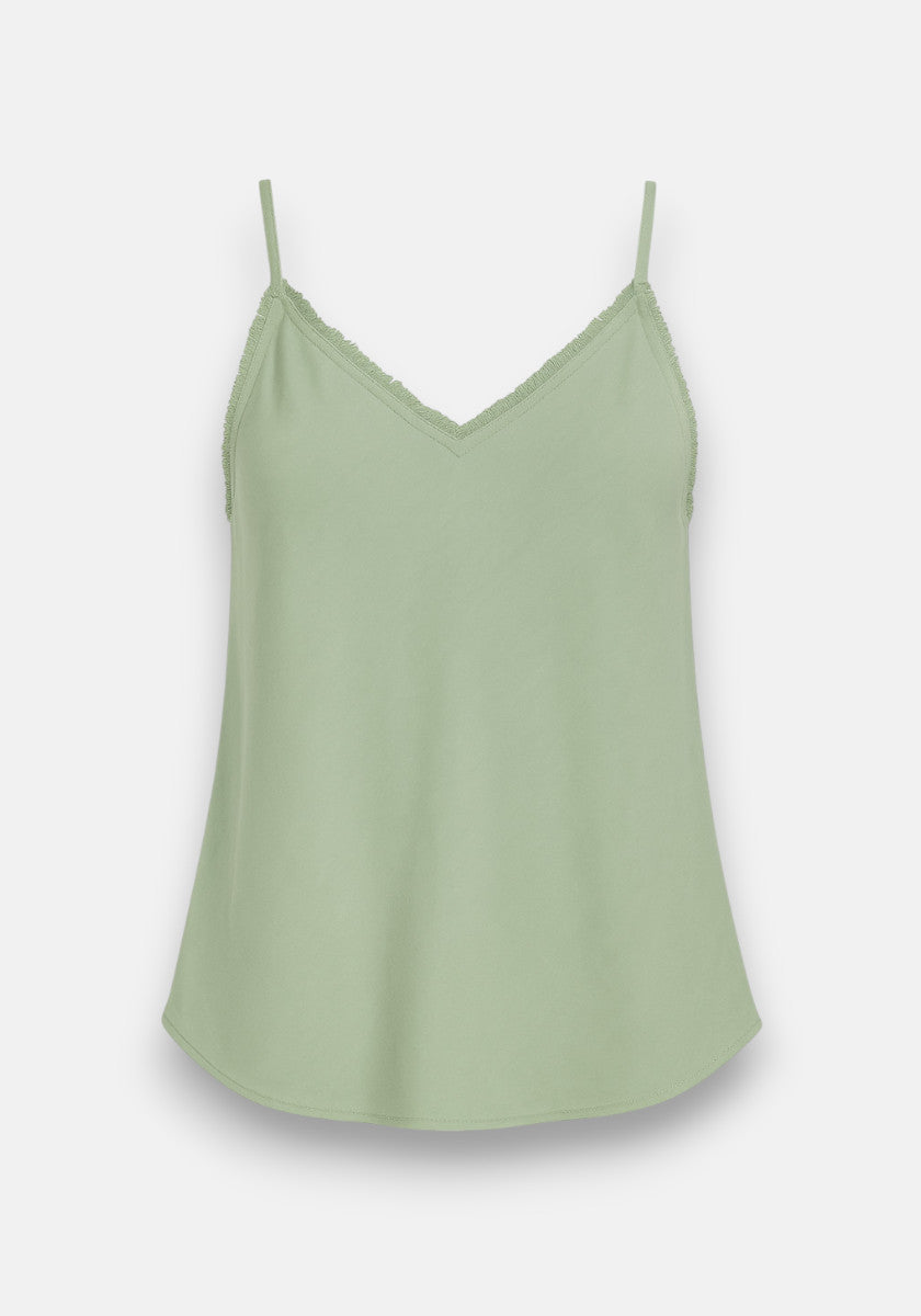 A light green Bella Dahl Lyocell Trägertop features thin spaghetti straps, a V-neckline with delicate lace trim, and a gently flared silhouette for stylish comfort against a plain white background.