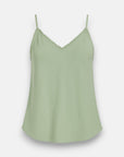 A light green Bella Dahl Lyocell Trägertop features thin spaghetti straps, a V-neckline with delicate lace trim, and a gently flared silhouette for stylish comfort against a plain white background.