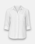 A plain white Bella Dahl Hemdbluse with a collar, long rolled-up sleeves, and a single chest pocket is shown on a white background. Made from 100% Lyocell, this shirt offers a classic tailored fit and is neatly pressed.