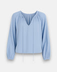 Bella Dahls light blue long-sleeve Lyocell blouse features a loose fit, gathered round neckline with drawstrings, and softly puffed balloon sleeves with elastic cuffs for a flowy silhouette.