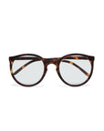 A pair of Okkia round eyeglasses with clear lenses and a dark brown Schildpattmuster frame, highlighted by subtle lighter brown and amber spots, is centered against a plain white background.