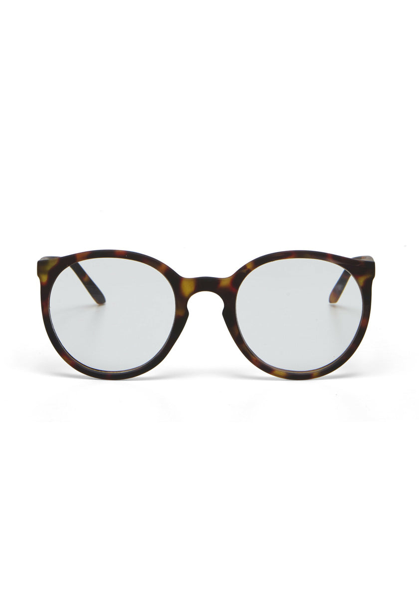A pair of Okkia round eyeglasses with clear lenses and a brown tortoiseshell frame. Shown from the front on a white background, both temples are visible and slightly spread apart.